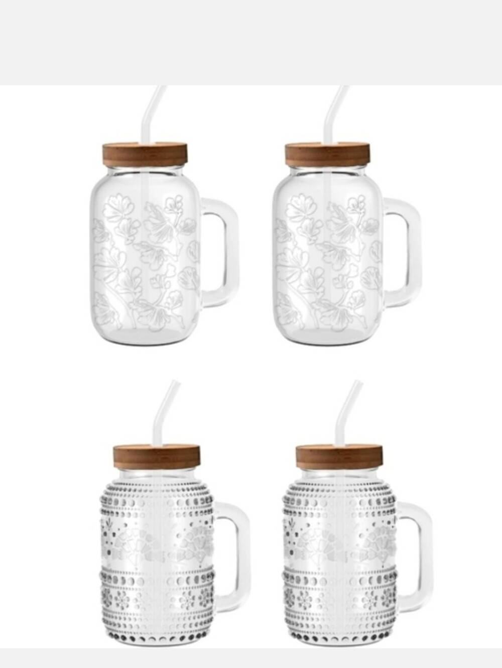 New 4 PK  The Pioneer Woman ChanPalmer Embossed Glass 32oz Tumbler with Wood Lid